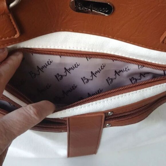 B Amici Amelia White Canvas & Tan Trimming Satchel Shoulder Bag - Picture 9 of 16